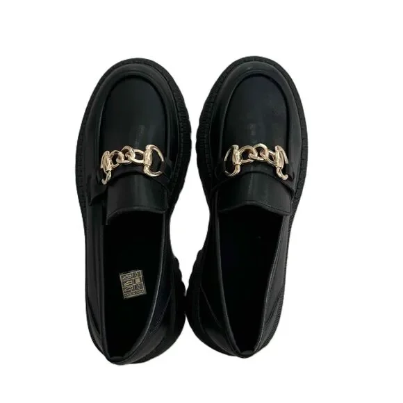 Lug Sole Loafers Black Gold Chain Embellished Chunky Sole Polished NWOT Size 40 - Picture 5 of 10